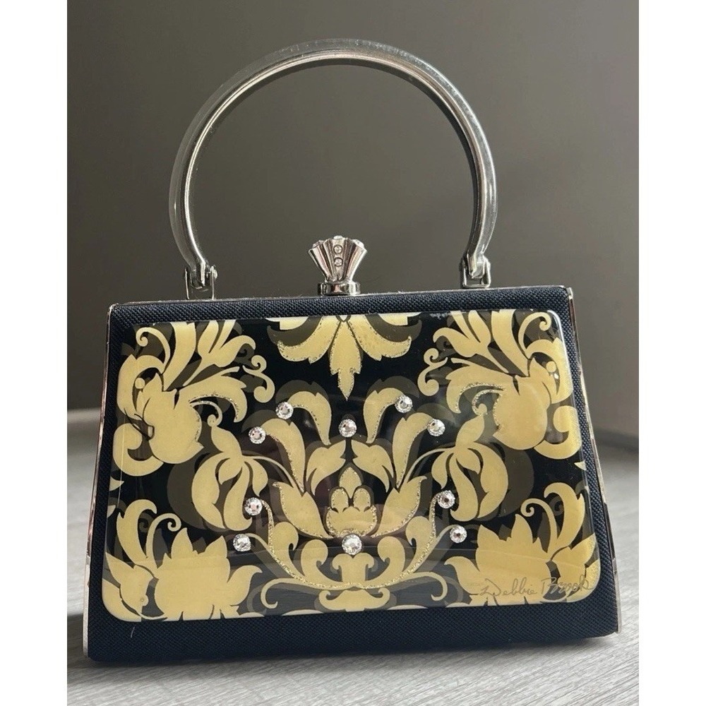 Enamel Evening Bag by Debbie Brooks Small Handbag Black and Gold Clasp Vintage